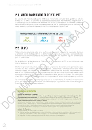 26
Guía para la formulación e implementación del PEI y PAT
2.2	 El PEI
2.1	 Vinculación entre el PEI y el PAT
Toda institu...