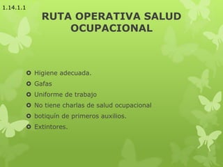 RUTA OPERATIVA SALUD
OCUPACIONAL
 Higiene adecuada.
 Gafas
 Uniforme de trabajo
 No tiene charlas de salud ocupacional
 botiquín de primeros auxilios.
 Extintores.
1.14.1.1
 