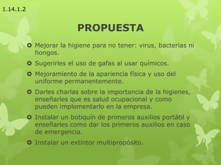 PROPUESTA
 Mejorar la higiene para no tener: virus, bacterias ni
hongos.
 Sugerirles el uso de gafas al usar químicos.
 Mejoramiento de la apariencia física y uso del
uniforme permanentemente.
 Darles charlas sobre la importancia de la higienes,
enseñarles que es salud ocupacional y como
pueden implementarlo en la empresa.
 Instalar un botiquín de primeros auxilios portátil y
enseñarles como dar los primeros auxilios en caso
de emergencia.
 Instalar un extintor multipropósito.
1.14.1.2
 