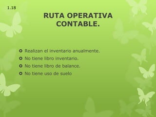 RUTA OPERATIVA
CONTABLE.
 Realizan el inventario anualmente.
 No tiene libro inventario.
 No tiene libro de balance.
 No tiene uso de suelo
1.18
 