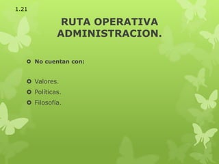 RUTA OPERATIVA
ADMINISTRACION.
 No cuentan con:
 Valores.
 Políticas.
 Filosofía.
1.21
 