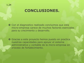 CONCLUSIONES.
 Con el diagnostico realizado concluimos que esta
micro-empresa carece de muchos factores esenciales
para su crecimiento y desarrollo.
 Gracias a este proyecto hemos puesto en practica
nuestras capacidades para apoyar el sistema
administrativo y contable de la micro-empresa en
proceso de fortalecimiento.
1.24
 