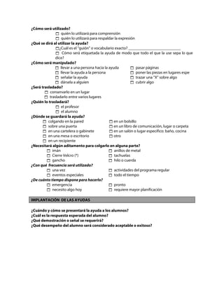 ¿Cómo será utilizado?
quién lo utilizará para comprensión
quién lo utilizará para respaldar la expresión
¿Qué se dirá al utilizar la ayuda?
¿Cuál es el "guión” o vocabulario exacto? __________________________
Cómo será etiquetada la ayuda de modo que todo el que la use sepa lo que
dice?
¿Cómo será manipulado?
llevar a una persona hacia la ayuda pasar páginas
llevar la ayuda a la persona poner las piezas en lugares espe
señalar la ayuda trazar una “X” sobre algo
dársela a alguien cubrir algo
¿Será trasladado?
conservarlo en un lugar
trasladarlo entre varios lugares
¿Quién lo trasladará?
el profesor
el alumno
¿Dónde se guardará la ayuda?
colgando en la pared en un bolsillo
sobre una puerta en un libro de comunicación, lugar o carpeta
en una cartelera o gabinete en un salón o lugar especifico: baño, cocina
en una mesa o escritorio otro
en un recipiente
¿Necesitará algún aditamento para colgarlo en alguna parte?
imán anillos de metal
Cierre Velcro (*) tachuelas
gancho hilo o cuerda
¿Con qué frecuencia será utilizado?
una vez actividades del programa regular
eventos especiales todo el tiempo
¿De cuánto tiempo dispone para hacerlo?
emergencia pronto
necesito algo hoy requiere mayor planificación
IMPLANTACIÓN DE LAS AYUDAS
¿Cuándo y cómo se presentará la ayuda a los alumnos?
¿Cuál es la respuesta esperada del alumno?
¿Qué demostración o señal se requerirá?
¿Qué desempeño del alumno será considerado aceptable o exitoso?
 