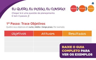 EU QUERO, EU POSSO, EU CONSIGO!
Quebre seus objetivos em curto, médio e longo prazo. Por exemplo:
Chegar lá é uma questão de planejamento.
E tem 3 passos ;)
OBJETIVOS ATITUDES RESULTADOS
1º Passo: Trace Objetivos
Objetivos Atitudes Resultados
BAIXE O GUIA
COMPLETO PARA
VER OS EXEMPLOS
 