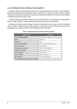 64	 Parte 1 - Guia
3.4.5 COMPARAÇÃO ENTRE LIDERANÇA E GERENCIAMENTO
As palavras liderança e gerenciamento muitas vezes são usadas indistintamente. No entanto, não são sinônimos.
A palavra gerenciamento está mais associada à orientar a outra pessoa a ir de um ponto a outro usando um conjunto
conhecido de comportamentos esperados. Por outro lado, liderança envolve trabalhar com outros por meio de discussão
ou debate para guiá-los de um ponto a outro.
O método escolhido pelo gerente de projetos revela uma nítida diferença no comportamento, na autopercepção e
função de projeto. A Tabela 3-1 compara gerenciamento e liderança em vários níveis importantes.
Os gerentes de projetos precisam empregar a liderança e o gerenciamento para alcançar o sucesso. A habilidade
está em encontrar o equilíbrio certo para cada situação. A maneira como os termos gerenciamento e liderança são
empregados quase sempre demonstra o estilo de liderança do gerente de projetos.
Tabela 3-1. Comparação entre Gerenciamento e Liderança de Equipe
Gerenciamento Liderança
Guiar, influenciar e colaborar usando poder relacional
Desenvolver
Inovar
Foco em relacionamentos com pessoas
Inspirar confiança
Foco em visão de longo alcance
Perguntar o que e por que
Foco no horizonte
Questiona o status quo
Faz o que é necessário fazer
Foco em visão, alinhamento, motivação e inspiração
Direta usando poder posicional
Manter
Administrar
Foco em sistemas e estrutura
Apoiar-se em controle
Foco em metas de curto prazo
Perguntar como e quando
Foco nos resultados
Aceita o status quo
Age corretamente
Foco em questões operacionais e solução de problemas
 