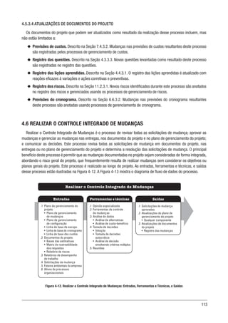 113
4.5.3.4 ATUALIZAÇÕES DE DOCUMENTOS DO PROJETO
Os documentos do projeto que podem ser atualizados como resultado da realização desse processo incluem, mas
não estão limitados a:
u
u Previsões de custos. Descrito na Seção 7.4.3.2. Mudanças nas previsões de custos resultantes deste processo
são registradas pelos processos de gerenciamento de custos.
u
u Registro das questões. Descrito na Seção 4.3.3.3. Novas questões levantadas como resultado deste processo
são registradas no registro das questões.
u
u Registro das lições aprendidas. Descrito na Seção 4.4.3.1. O registro das lições aprendidas é atualizado com
reações eficazes à variações e ações corretivas e preventivas.
u
u Registro dos riscos. Descrito na Seção 11.2.3.1. Novos riscos identificados durante este processo são anotados
no registro dos riscos e gerenciados usando os processos de gerenciamento de riscos.
u
u Previsões do cronograma. Descrito na Seção 6.6.3.2. Mudanças nas previsões do cronograma resultantes
deste processo são anotadas usando processos de gerenciamento de cronograma.
4.6 REALIZAR O CONTROLE INTEGRADO DE MUDANÇAS
Realizar o Controle Integrado de Mudanças é o processo de revisar todas as solicitações de mudança; aprovar as
mudanças e gerenciar as mudanças nas entregas, nos documentos do projeto e no plano de gerenciamento do projeto;
e comunicar as decisões. Este processo revisa todas as solicitações de mudança em documentos do projeto, nas
entregas ou no plano de gerenciamento do projeto e determina a resolução das solicitações de mudança. O principal
benefício deste processo é permitir que as mudanças documentadas no projeto sejam consideradas de forma integrada,
abordando o risco geral do projeto, que frequentemente resulta de realizar mudanças sem considerar os objetivos ou
planos gerais do projeto. Este processo é realizado ao longo do projeto. As entradas, ferramentas e técnicas, e saídas
desse processo estão ilustradas na Figura 4-12. A Figura 4-13 mostra o diagrama de fluxo de dados do processo.
Figura 4-12. Realizar o Controle Integrado de Mudanças: Entradas, Ferramentas e Técnicas, e Saídas
Ferramentas e técnicas
Entradas Saídas
Realizar o Controle Integrado de Mudanças
.1 Opinião especializada
.2 Ferramentas de controle
de mudanças
.3 Análise de dados
• Análise de alternativas
• Análise de custo-benefício
.4 Tomada de decisões
• Votação
• Tomada de decisões
autocrática
• Análise de decisão
envolvendo critérios múltiplos
.5 Reuniões
.1 Plano de gerenciamento do
projeto
• Plano de gerenciamento
de mudanças
• Plano de gerenciamento
de configuração
• Linha de base do escopo
• Linha de base do cronograma
• Linha de base dos custos
.2 Documentos do projeto
• Bases das estimativas
• Matriz de rastreabilidade
dos requisitos
• Relatório de riscos
.3 Relatórios de desempenho
do trabalho
.4 Solicitações de mudança
.5 Fatores ambientais da empresa
.6 Ativos de processos
organizacionais
.1 Solicitações de mudança
aprovadas
.2 Atualizações do plano de
gerenciamento do projeto
• Qualquer componente
.3 Atualizações de documentos
do projeto
• Registro das mudanças
 