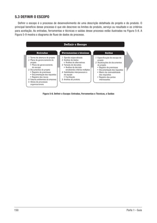 150 Parte 1 - Guia
5.3 DEFINIR O ESCOPO
Definir o escopo é o processo de desenvolvimento de uma descrição detalhada do projeto e do produto. O
principal benefício desse processo é que ele descreve os limites do produto, serviço ou resultado e os critérios
para aceitação. As entradas, ferramentas e técnicas e saídas desse processo estão ilustradas na Figura 5-8. A
Figura 5-9 mostra o diagrama de fluxo de dados do processo.
Figura 5-8. Definir o Escopo: Entradas, Ferramentas e Técnicas, e Saídas
Ferramentas e técnicas
Entradas Saídas
Definir o Escopo
.1 Opinião especializada
.2 Análise de dados
• Análise de alternativas
.3 Tomada de decisões
• Análise de decisão
envolvendo critérios múltiplos
.4 Habilidades interpessoais e
de equipe
• Facilitação
.5 Análise de produto
.1 Termo de abertura do projeto
.2 Plano de gerenciamento do
projeto
• Plano de gerenciamento
do escopo
.3 Documentos do projeto
• Registro de premissas
• Documentação dos requisitos
• Registro dos riscos
.4 Fatores ambientais da empresa
.5 Ativos de processos
organizacionais
.1 Especificação do escopo do
projeto
.2 Atualizações de documentos
do projeto
• Registro de premissas
• Documentação dos requisitos
• Matriz de rastreabilidade
dos requisitos
• Registro das partes
interessadas
 