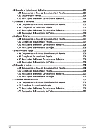XIV Índice
4.2 Gerenciar o Conhecimento do Projeto..........................................................................598
4.2.1 Componentes do Plano de Gerenciamento do Projeto....................................599
4.2.2 Documentos do Projeto.....................................................................................599
4.2.3 Atualizações do Plano de Gerenciamento do Projeto......................................599
4.3 Gerenciar a Qualidade...................................................................................................599
4.3.1 Componentes do Plano de Gerenciamento do Projeto....................................600
4.3.2 Exemplos de Documentos do Projeto...............................................................600
4.3.3 Atualizações do Plano de Gerenciamento do Projeto......................................600
4.3.4 Atualizações de Documentos do Projeto..........................................................600
4.4 Adquirir Recursos..........................................................................................................601
4.4.1 Componentes do Plano de Gerenciamento do Projeto....................................601
4.4.2 Exemplos de Documentos do Projeto...............................................................601
4.4.3 Atualizações do Plano de Gerenciamento do Projeto......................................602
4.4.4 Atualizações de Documentos do Projeto..........................................................602
4.5 Desenvolver a Equipe....................................................................................................602
4.5.1 Componentes do Plano de Gerenciamento do Projeto....................................603
4.5.2 Exemplos de Documentos do Projeto...............................................................603
4.5.3 Atualizações do Plano de Gerenciamento do Projeto......................................603
4.5.4 Atualizações de Documentos do Projeto..........................................................603
4.6 Gerenciar a Equipe........................................................................................................604
4.6.1 Componentes do Plano de Gerenciamento do Projeto....................................604
4.6.2 Exemplos de Documentos do Projeto...............................................................604
4.6.3 Atualizações do Plano de Gerenciamento do Projeto......................................605
4.6.4 Atualizações de Documentos do Projeto..........................................................605
4.7 Gerenciar as comunicações..........................................................................................605
4.7.1 Componentes do Plano de Gerenciamento do Projeto....................................606
4.7.2 Exemplo de Documentos do Projeto.................................................................606
4.7.3 Atualizações do Plano de Gerenciamento do Projeto......................................606
4.7.4 Atualizações de Documentos do Projeto..........................................................606
 