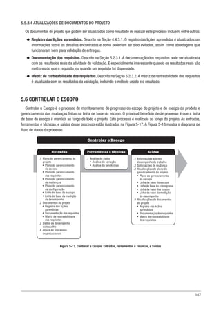167
5.5.3.4 ATUALIZAÇÕES DE DOCUMENTOS DO PROJETO
Os documentos do projeto que podem ser atualizados como resultado de realizar este processo incluem, entre outros:
u
u Registro das lições aprendidas. Descrito na Seção 4.4.3.1. O registro das lições aprendidas é atualizado com
informações sobre os desafios encontrados e como poderiam ter sido evitados, assim como abordagens que
funcionaram bem para validação de entregas.
u
u Documentação dos requisitos. Descrito na Seção 5.2.3.1. A documentação dos requisitos pode ser atualizada
com os resultados reais da atividade de validação. É especialmente interessante quando os resultados reais são
melhores do que o requisito, ou quando um requisito foi dispensado.
u
u Matriz de rastreabilidade dos requisitos. Descrito na Seção 5.2.3.2.A matriz de rastreabilidade dos requisitos
é atualizada com os resultados da validação, incluindo o método usado e o resultado.
5.6 CONTROLAR O ESCOPO
Controlar o Escopo é o processo de monitoramento do progresso do escopo do projeto e do escopo do produto e
gerenciamento das mudanças feitas na linha de base do escopo. O principal benefício deste processo é que a linha
de base do escopo é mantida ao longo de todo o projeto. Este processo é realizado ao longo do projeto. As entradas,
ferramentas e técnicas, e saídas desse processo estão ilustradas na Figura 5-17. A Figura 5-18 mostra o diagrama de
fluxo de dados do processo.
Figura 5-17. Controlar o Escopo: Entradas, Ferramentas e Técnicas, e Saídas
Ferramentas e técnicas
Entradas Saídas
Controlar o Escopo
.1 Análise de dados
• Análise de variação
• Análise de tendências
.1 Plano de gerenciamento do
projeto
• Plano de gerenciamento
do escopo
• Plano de gerenciamento
dos requisitos
• Plano de gerenciamento
de mudanças
• Plano de gerenciamento
de configuração
• Linha de base do escopo
• Linha de base da medição
do desempenho
.2 Documentos do projeto
• Registro das lições
aprendidas
• Documentação dos requisitos
• Matriz de rastreabilidade
dos requisitos
.3 Dados de desempenho
do trabalho
.4 Ativos de processos
organizacionais
.1 Informações sobre o
desempenho do trabalho
.2 Solicitações de mudança
.3 Atualizações do plano de
gerenciamento do projeto
• Plano de gerenciamento
do escopo
• Linha de base do escopo
• Linha de base do cronograma
• Linha de base dos custos
• Linha de base da medição
do desempenho
.4 Atualizações de documentos
do projeto
• Registro das lições
aprendidas
• Documentação dos requisitos
• Matriz de rastreabilidade
dos requisitos
 