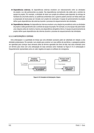 192 Parte 1 - Guia
u
u Dependências externas. As dependências externas envolvem um relacionamento entre as atividades
do projeto e as não pertencentes ao projeto. Tais dependências normalmente não estão sob o controle da
equipe do projeto. Por exemplo, a atividade de teste num projeto de software pode depender da entrega de
hardware de uma fonte externa, ou audiências ambientais com o governo podem precisar ser feitas antes que
a preparação do local possa ser iniciada num projeto de construção. A equipe de gerenciamento do projeto
define quais dependências são externas durante o processo de sequenciamento das atividades.
u
u Dependências internas. As dependências internas envolvem uma relação de precedência entre as atividades
do projeto e estão geralmente sob o controle da equipe do projeto. Por exemplo, se uma equipe não pode testar
uma máquina antes de montá-la, haveria uma dependência obrigatória interna.A equipe de gerenciamento do
projeto define quais dependências são internas durante o processo de sequenciamento das atividades.
6.3.2.3 ANTECIPAÇÕES E ESPERAS
Uma antecipação é a quantidade de tempo que uma atividade sucessora pode ser adiantada em relação a uma
atividade predecessora. Por exemplo, num projeto para construir um novo edifício de escritórios, o paisagismo poderia
ser agendado para começar duas semanas antes do término agendado dos itens da lista. Isso seria mostrado como
um término para início com uma antecipação de duas semanas como mostrado na Figura 6-10. A antecipação é
frequentemente representada como um valor negativo de espera no software de cronograma.
Figura 6-10. Exemplos de Antecipação e Espera
Completar
itens da lista
Escrever versão
preliminar
Lote de construção
de paisagismo
Editar versão
preliminar
II – 15 dias (Espera)
TI – 2 semanas
(Antecipação)
 