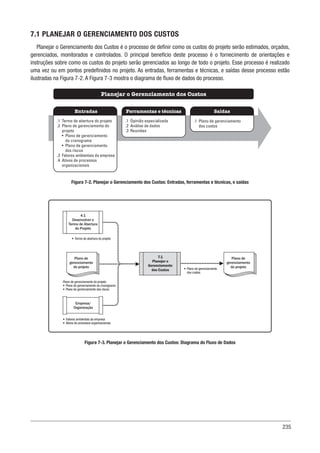235
7.1 PLANEJAR O GERENCIAMENTO DOS CUSTOS
Planejar o Gerenciamento dos Custos é o processo de definir como os custos do projeto serão estimados, orçados,
gerenciados, monitorados e controlados. O principal benefício deste processo é o fornecimento de orientações e
instruções sobre como os custos do projeto serão gerenciados ao longo de todo o projeto. Esse processo é realizado
uma vez ou em pontos predefinidos no projeto. As entradas, ferramentas e técnicas, e saídas desse processo estão
ilustradas na Figura 7-2. A Figura 7-3 mostra o diagrama de fluxo de dados do processo.
Figura 7-2. Planejar o Gerenciamento dos Custos: Entradas, ferramentas e técnicas, e saídas
Figura 7-3. Planejar o Gerenciamento dos Custos: Diagrama do Fluxo de Dados
Ferramentas e técnicas
Entradas Saídas
Planejar o Gerenciamento dos Custos
.1 Opinião especializada
.2 Análise de dados
.3 Reuniões
.1 Termo de abertura do projeto
.2 Plano de gerenciamento do
projeto
• Plano de gerenciamento
do cronograma
• Plano de gerenciamento
dos riscos
.3 Fatores ambientais da empresa
.4 Ativos de processos
organizacionais
.1 Plano de gerenciamento
dos custos
7.1
Planejar o
Gerenciamento
dos Custos
Empresa/
Organização
4.1
Desenvolver o
Termo de Abertura
do Projeto
• Plano de gerenciamento
dos custos
• Termo de abertura do projeto
Plano de gerenciamento do projeto
• Plano de gerenciamento do cronograma
• Plano de gerenciamento dos riscos
• Fatores ambientais da empresa
• Ativos de processos organizacionais
Plano de
gerenciamento
do projeto
Plano de
gerenciamento
do projeto
 