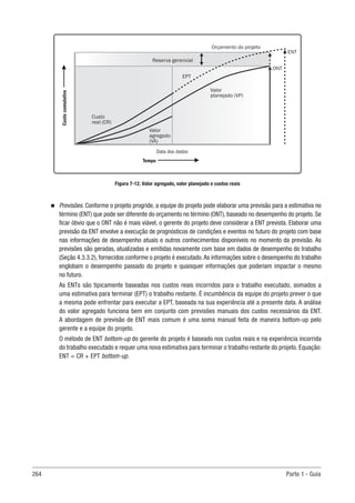 264 Parte 1 - Guia
Figura 7-12. Valor agregado, valor planejado e custos reais
n
n Previsões. Conforme o projeto progride, a equipe do projeto pode elaborar uma previsão para a estimativa no
término (ENT) que pode ser diferente do orçamento no término (ONT), baseado no desempenho do projeto. Se
ficar óbvio que o ONT não é mais viável, o gerente do projeto deve considerar a ENT prevista. Elaborar uma
previsão da ENT envolve a execução de prognósticos de condições e eventos no futuro do projeto com base
nas informações de desempenho atuais e outros conhecimentos disponíveis no momento da previsão. As
previsões são geradas, atualizadas e emitidas novamente com base em dados de desempenho do trabalho
(Seção 4.3.3.2), fornecidos conforme o projeto é executado.As informações sobre o desempenho do trabalho
englobam o desempenho passado do projeto e quaisquer informações que poderiam impactar o mesmo
no futuro.
As ENTs são tipicamente baseadas nos custos reais incorridos para o trabalho executado, somados a
uma estimativa para terminar (EPT) o trabalho restante. É incumbência da equipe do projeto prever o que
a mesma pode enfrentar para executar a EPT, baseada na sua experiência até a presente data. A análise
do valor agregado funciona bem em conjunto com previsões manuais dos custos necessários da ENT.
A abordagem de previsão de ENT mais comum é uma soma manual feita de maneira bottom-up pelo
gerente e a equipe do projeto.
O método de ENT bottom-up do gerente do projeto é baseado nos custos reais e na experiência incorrida
do trabalho executado e requer uma nova estimativa para terminar o trabalho restante do projeto. Equação:
ENT = CR + EPT bottom-up.
ONT
EPT
Orçamento do projeto
Reserva gerencial
Valor
planejado (VP)
Valor
agregado
(VA)
Custo
real (CR)
ENT
Tempo
Custo
cumulativo
Data dos dados
 