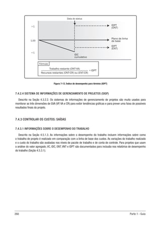 268 Parte 1 - Guia
Data do status
1,00
1
1
IDPT
(ONT)
IDPT
(ENT)
Plano de linha
de base
IDC
cumulativo
Fórmula:
= IDPT
Trabalho restante (ONT-VA)
Recursos restantes (ONT-CR) ou (ENT-CR)
Figura 7-13. Índice de desempenho para término (IDPT)
7.4.2.4 SISTEMA DE INFORMAÇÕES DE GERENCIAMENTO DE PROJETOS (SIGP)
Descrito na Seção 4.3.2.2. Os sistemas de informações de gerenciamento de projetos são muito usados para
monitorar as três dimensões de GVA (VP, VA e CR) para exibir tendências gráficas e para prever uma faixa de possíveis
resultados finais do projeto.
7.4.3 CONTROLAR OS CUSTOS: SAÍDAS
7.4.3.1 INFORMAÇÕES SOBRE O DESEMPENHO DO TRABALHO
Descrito na Seção 4.5.1.3. As informações sobre o desempenho do trabalho incluem informações sobre como
o trabalho de projeto é realizado em comparação com a linha de base dos custos. As variações do trabalho realizado
e o custo do trabalho são avaliadas nos níveis de pacote de trabalho e de conta de controle. Para projetos que usam
a análise do valor agregado, VC, IDC, ENT, VNT e IDPT são documentados para inclusão nos relatórios de desempenho
do trabalho (Seção 4.5.3.1).
 