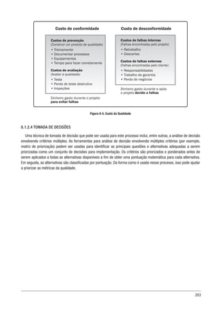 283
Custo de conformidade Custo de desconformidade
Custos de prevenção
(Construir um produto de qualidade)
• Treinamento
• Documentar processos
• Equipamentos
• Tempo para fazer corretamente
Custos de avaliação
(Avaliar a qualidade)
• Teste
• Perda de teste destrutivo
• Inspeções
Dinheiro gasto durante o projeto
para evitar falhas
Custos de falhas internas
(Falhas encontradas pelo projeto)
• Retrabalho
• Descartes
Custos de falhas externas
(Falhas encontradas pelo cliente)
• Responsabilidades
• Trabalho de garantia
• Perda de negócios
Dinheiro gasto durante e após
o projeto devido a falhas
Figura 8-5. Custo da Qualidade
8.1.2.4 TOMADA DE DECISÕES
Uma técnica de tomada de decisão que pode ser usada para este processo inclui, entre outras, a análise de decisão
envolvendo critérios múltiplos. As ferramentas para análise de decisão envolvendo múltiplos critérios (por exemplo,
matriz de priorização) podem ser usadas para identificar as principais questões e alternativas adequadas a serem
priorizadas como um conjunto de decisões para implementação. Os critérios são priorizados e ponderados antes de
serem aplicados a todas as alternativas disponíveis a fim de obter uma pontuação matemática para cada alternativa.
Em seguida, as alternativas são classificadas por pontuação. Da forma como é usado nesse processo, isso pode ajudar
a priorizar as métricas da qualidade.
 