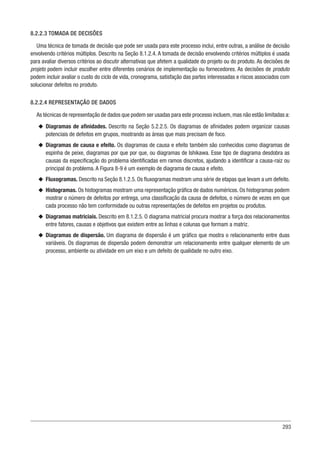 293
8.2.2.3 TOMADA DE DECISÕES
Uma técnica de tomada de decisão que pode ser usada para este processo inclui, entre outras, a análise de decisão
envolvendo critérios múltiplos. Descrito na Seção 8.1.2.4. A tomada de decisão envolvendo critérios múltiplos é usada
para avaliar diversos critérios ao discutir alternativas que afetem a qualidade do projeto ou do produto. As decisões de
projeto podem incluir escolher entre diferentes cenários de implementação ou fornecedores. As decisões de produto
podem incluir avaliar o custo do ciclo de vida, cronograma, satisfação das partes interessadas e riscos associados com
solucionar defeitos no produto.
8.2.2.4 REPRESENTAÇÃO DE DADOS
As técnicas de representação de dados que podem ser usadas para este processo incluem,mas não estão limitadas a:
u
u Diagramas de afinidades. Descrito na Seção 5.2.2.5. Os diagramas de afinidades podem organizar causas
potenciais de defeitos em grupos, mostrando as áreas que mais precisam de foco.
u
u Diagramas de causa e efeito. Os diagramas de causa e efeito também são conhecidos como diagramas de
espinha de peixe, diagramas por que por que, ou diagramas de Ishikawa. Esse tipo de diagrama desdobra as
causas da especificação do problema identificadas em ramos discretos, ajudando a identificar a causa-raiz ou
principal do problema. A Figura 8-9 é um exemplo de diagrama de causa e efeito.
u
u Fluxogramas. Descrito na Seção 8.1.2.5. Os fluxogramas mostram uma série de etapas que levam a um defeito.
u
u Histogramas. Os histogramas mostram uma representação gráfica de dados numéricos. Os histogramas podem
mostrar o número de defeitos por entrega, uma classificação da causa de defeitos, o número de vezes em que
cada processo não tem conformidade ou outras representações de defeitos em projetos ou produtos.
u
u Diagramas matriciais. Descrito em 8.1.2.5. O diagrama matricial procura mostrar a força dos relacionamentos
entre fatores, causas e objetivos que existem entre as linhas e colunas que formam a matriz.
u
u Diagramas de dispersão. Um diagrama de dispersão é um gráfico que mostra o relacionamento entre duas
variáveis. Os diagramas de dispersão podem demonstrar um relacionamento entre qualquer elemento de um
processo, ambiente ou atividade em um eixo e um defeito de qualidade no outro eixo.
 