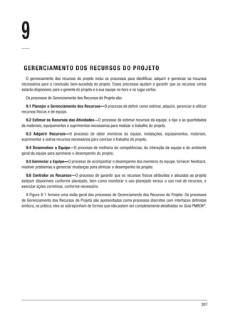 307
9
GERENCIAMENTO DOS RECURSOS DO PROJETO
O gerenciamento dos recursos do projeto inclui os processos para identificar, adquirir e gerenciar os recursos
necessários para a conclusão bem-sucedida do projeto. Esses processos ajudam a garantir que os recursos certos
estarão disponíveis para o gerente do projeto e a sua equipe na hora e no lugar certos.
Os processos de Gerenciamento dos Recursos do Projeto são:
9.1 Planejar o Gerenciamento dos Recursos—O processo de definir como estimar, adquirir, gerenciar e utilizar
recursos físicos e de equipe.
9.2 Estimar os Recursos das Atividades—O processo de estimar recursos da equipe, o tipo e as quantidades
de materiais, equipamentos e suprimentos necessários para realizar o trabalho do projeto.
9.3 Adquirir Recursos—O processo de obter membros da equipe, instalações, equipamentos, materiais,
suprimentos e outros recursos necessários para concluir o trabalho do projeto.
9.4 Desenvolver a Equipe—O processo de melhoria de competências, da interação da equipe e do ambiente
geral da equipe para aprimorar o desempenho do projeto.
9.5 Gerenciar a Equipe—O processo de acompanhar o desempenho dos membros da equipe, fornecer feedback,
resolver problemas e gerenciar mudanças para otimizar o desempenho do projeto.
9.6 Controlar os Recursos—O processo de garantir que os recursos físicos atribuídos e alocados ao projeto
estejam disponíveis conforme planejado, bem como monitorar o uso planejado versus o uso real de recursos, e
executar ações corretivas, conforme necessário.
A Figura 9-1 fornece uma visão geral dos processos de Gerenciamento dos Recursos do Projeto. Os processos
de Gerenciamento dos Recursos do Projeto são apresentados como processos discretos com interfaces definidas
embora, na prática, eles se sobreponham de formas que não podem ser completamente detalhadas no Guia PMBOK®
.
 