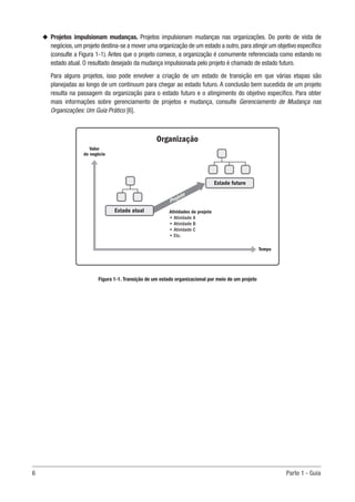 6	 Parte 1 - Guia
u
u Projetos impulsionam mudanças. Projetos impulsionam mudanças nas organizações. Do ponto de vista de
negócios,um projeto destina-se a mover uma organização de um estado a outro,para atingir um objetivo específico
(consulte a Figura 1-1). Antes que o projeto comece, a organização é comumente referenciada como estando no
estado atual. O resultado desejado da mudança impulsionada pelo projeto é chamado de estado futuro.
Para alguns projetos, isso pode envolver a criação de um estado de transição em que várias etapas são
planejadas ao longo de um continuum para chegar ao estado futuro. A conclusão bem sucedida de um projeto
resulta na passagem da organização para o estado futuro e o atingimento do objetivo específico. Para obter
mais informações sobre gerenciamento de projetos e mudança, consulte Gerenciamento de Mudança nas
Organizações: Um Guia Prático [6].
Figura 1-1. Transição de um estado organizacional por meio de um projeto
Organização
Valor
de negócio
Tempo
Atividades do projeto
• Atividade A
• Atividade B
• Atividade C
• Etc.
Estado futuro
Estado atual
Projeto
 