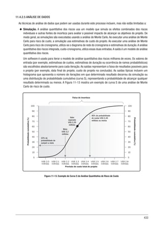 433
11.4.2.5 ANÁLISE DE DADOS
As técnicas de análise de dados que podem ser usadas durante este processo incluem, mas não estão limitadas a:
u
u Simulação. A análise quantitativa dos riscos usa um modelo que simula os efeitos combinados dos riscos
individuais e outras fontes de incerteza para avaliar o possível impacto de alcançar os objetivos do projeto. De
modo geral, as simulações são executadas usando a análise de Monte Carlo. Ao executar uma análise de Monte
Carlo para risco de custo, a simulação usa estimativas de custo do projeto. Ao executar uma análise de Monte
Carlo para risco de cronograma, utiliza-se o diagrama de rede do cronograma e estimativas de duração.A análise
quantitativa dos riscos integrada, custo-cronograma, utiliza essas duas entradas.A saída é um modelo de análise
quantitativa dos riscos.
Um software é usado para iterar o modelo de análise quantitativa dos riscos milhares de vezes. Os valores de
entrada (por exemplo, estimativas de custos, estimativas de duração ou ocorrência de ramos probabilísticos)
são escolhidos aleatoriamente para cada iteração. As saídas representam a faixa de resultados possíveis para
o projeto (por exemplo, data final do projeto, custo do projeto na conclusão). As saídas típicas incluem um
histograma que apresenta o número de iterações em que determinado resultado decorreu da simulação ou
uma distribuição de probabilidade cumulativa (curva S), representando a probabilidade de alcançar qualquer
resultado determinado ou menos. A Figura 11-13 mostra um exemplo de curva S de uma análise de Monte
Carlo de risco de custo.
Figura 11-13. Exemplo de Curva S da Análise Quantitativa de Risco de Custo
100
90
80
70
60
50
40
30
20
10
0
100
90
80
70
60
50
40
30
20
10
0
US$ 2,0
milhões
23% de
probabilidade de
cumprir a meta
Meta
US$ 2,2
milhões
Valor
esperado
US$ 2,35
milhões
85% de probabilidade
de custar US$ 2,45
milhões ou menos
US$ 2,1
milhões
US$ 2,2
milhões
US$ 2,3
milhões
US$ 2,4
milhões
US$ 2,5
milhões
US$ 2,6
milhões
US$ 2,7
milhões
US$ 2,8
milhões
Previsão de custo total do projeto
Probabilidade
cumulativa
(%)
Probabilidade
cumulativa
(%)
Faixa de incerteza
 