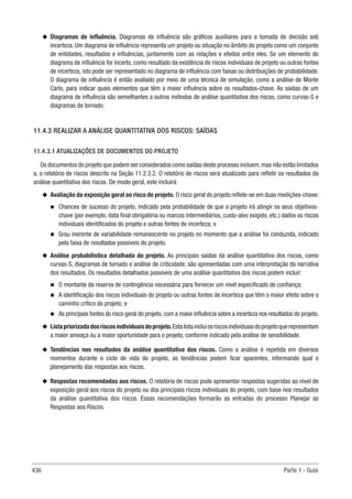 436 Parte 1 - Guia
u
u Diagramas de influência. Diagramas de influência são gráficos auxiliares para a tomada de decisão sob
incerteza. Um diagrama de influência representa um projeto ou situação no âmbito do projeto como um conjunto
de entidades, resultados e influências, juntamente com as relações e efeitos entre eles. Se um elemento do
diagrama de influência for incerto, como resultado da existência de riscos individuais de projeto ou outras fontes
de incerteza, isto pode ser representado no diagrama de influência com faixas ou distribuições de probabilidade.
O diagrama de influência é então avaliado por meio de uma técnica de simulação, como a análise de Monte
Carlo, para indicar quais elementos que têm a maior influência sobre os resultados-chave. As saídas de um
diagrama de influência são semelhantes a outros métodos de análise quantitativa dos riscos, como curvas-S e
diagramas de tornado.
11.4.3 REALIZAR A ANÁLISE QUANTITATIVA DOS RISCOS: SAÍDAS
11.4.3.1 ATUALIZAÇÕES DE DOCUMENTOS DO PROJETO
Os documentos do projeto que podem ser considerados como saídas deste processo incluem,mas não estão limitados
a, o relatório de riscos descrito na Seção 11.2.3.2. O relatório de riscos será atualizado para refletir os resultados da
análise quantitativa dos riscos. De modo geral, este incluirá:
u
u Avaliação da exposição geral ao risco do projeto. O risco geral do projeto reflete-se em duas medições-chave:
n
n Chances de sucesso do projeto, indicado pela probabilidade de que o projeto irá atingir os seus objetivos-
chave (por exemplo, data final obrigatória ou marcos intermediários, custo-alvo exigido, etc.) dados os riscos
individuais identificados do projeto e outras fontes de incerteza; e
n
n Grau inerente de variabilidade remanescente no projeto no momento que a análise foi conduzida, indicado
pela faixa de resultados possíveis do projeto.
u
u Análise probabilística detalhada do projeto. As principais saídas da análise quantitativa dos riscos, como
curvas-S, diagramas de tornado e análise de criticidade, são apresentadas com uma interpretação da narrativa
dos resultados. Os resultados detalhados possíveis de uma análise quantitativa dos riscos podem incluir:
n
n O montante da reserva de contingência necessária para fornecer um nível especificado de confiança;
n
n A identificação dos riscos individuais do projeto ou outras fontes de incerteza que têm o maior efeito sobre o
caminho crítico do projeto; e
n
n As principais fontes do risco geral do projeto, com a maior influência sobre a incerteza nos resultados do projeto.
u
u Listapriorizadadosriscosindividuaisdoprojeto.Estalistaincluiosriscosindividuaisdoprojetoquerepresentam
a maior ameaça ou a maior oportunidade para o projeto, conforme indicado pela análise de sensibilidade.
u
u Tendências nos resultados da análise quantitativa dos riscos. Como a análise é repetida em diversos
momentos durante o ciclo de vida do projeto, as tendências podem ficar aparentes, informando qual o
planejamento das respostas aos riscos.
u
u Respostas recomendadas aos riscos. O relatório de riscos pode apresentar respostas sugeridas ao nível de
exposição geral aos riscos do projeto ou dos principais riscos individuais do projeto, com base nos resultados
da análise quantitativa dos riscos. Essas recomendações formarão as entradas do processo Planejar as
Respostas aos Riscos.
 