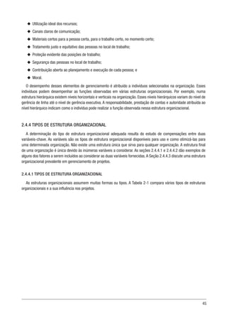 45
u
u Utilização ideal dos recursos;
u
u Canais claros de comunicação;
u
u Materiais certos para a pessoa certa, para o trabalho certo, no momento certo;
u
u Tratamento justo e equitativo das pessoas no local de trabalho;
u
u Proteção evidente das posições de trabalho;
u
u Segurança das pessoas no local de trabalho;
u
u Contribuição aberta ao planejamento e execução de cada pessoa; e
u
u Moral.
O desempenho desses elementos de gerenciamento é atribuído a indivíduos selecionados na organização. Esses
indivíduos podem desempenhar as funções observadas em várias estruturas organizacionais. Por exemplo, numa
estrutura hierárquica existem níveis horizontais e verticais na organização. Esses níveis hierárquicos variam do nível de
gerência de linha até o nível de gerência executiva. A responsabilidade, prestação de contas e autoridade atribuída ao
nível hierárquico indicam como o indivíduo pode realizar a função observada nessa estrutura organizacional.
2.4.4 TIPOS DE ESTRUTURA ORGANIZACIONAL
A determinação do tipo de estrutura organizacional adequada resulta do estudo de compensações entre duas
variáveis-chave. As variáveis são os tipos de estrutura organizacional disponíveis para uso e como otimizá-las para
uma determinada organização. Não existe uma estrutura única que sirva para qualquer organização. A estrutura final
de uma organização é única devido às inúmeras variáveis a considerar. As seções 2.4.4.1 e 2.4.4.2 dão exemplos de
alguns dos fatores a serem incluídos ao considerar as duas variáveis fornecidas.A Seção 2.4.4.3 discute uma estrutura
organizacional prevalente em gerenciamento de projetos.
2.4.4.1 TIPOS DE ESTRUTURA ORGANIZACIONAL
As estruturas organizacionais assumem muitas formas ou tipos. A Tabela 2-1 compara vários tipos de estruturas
organizacionais e a sua influência nos projetos.
 