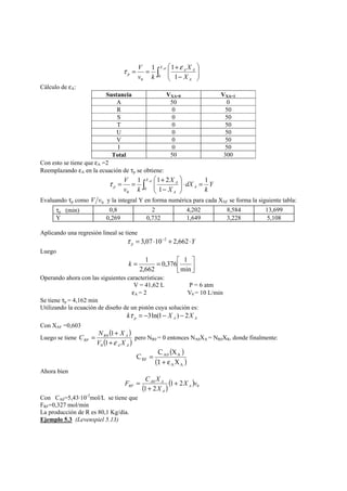 ⎞ 
⎛ 
V 
τ 1 1 ε 
= = + X AF 
X 
∫ ⎟ ⎟⎠ 
⎜ ⎜⎝ 
− 
A A 
A 
p v k 
X 
0 
1 
0 Cálculo de εA: 
Sustancia VXA=0 VXA=1 
A 50 0 
R 0 50 
S 0 50 
T 0 50 
U 0 50 
V 0 50 
I 0 50 
Total 50 300 
Con esto se tiene que εA =2 
Reemplazando εA en la ecuación de τp se obtiene: 
Y 
k 
dX 
X 
⎛ 
τ = = ∫ + 
1 1 2 
X 
V 
v k 
A 
X 
A 
A 
p 
⎞ 
AF 1 
1 
0 
0 
= ⋅ ⎟ ⎟⎠ 
⎜ ⎜⎝ 
− 
Evaluando τp como 0 V v y la integral Y en forma numérica para cada XAF se forma la siguiente tabla: 
τp (min) 0,8 2 4,202 8,584 13,699 
Y 0,269 0,732 1,649 3,228 5,108 
Aplicando una regresión lineal se tiene 
Y p τ = 3,07⋅10−2 + 2,662⋅ 
Luego 
⎤ 
⎥⎦ 
0,376 1 
k 1 
= = ⎡ 
⎢⎣ 
min 
2,662 
Operando ahora con las siguientes características: 
V = 41,62 L P = 6 atm 
εA = 2 V0 = 10 L/min 
Se tiene τp = 4,162 min 
Utilizando la ecuación de diseño de un pistón cuya solución es: 
p A A kτ = −3ln(1− X ) − 2X 
Con XAF =0,603 
Luego se tiene ( ) 
C = N + 
X 
R A 
( )A A 
RF V +ε 
X 
1 
1 
0 
0 pero NR0 = 0 entonces NA0XA = NR0XR, donde finalmente: 
( ) 
C X 
A0 A 
( ) A A 
RF 1 X 
C 
+ ε 
= 
Ahora bien 
F C X A 
( )( )0 
RF + 
0 1 2 
A A 
1 2 
X v 
X 
A 
+ 
= 
Con CA0=5,43·10-2mol/L se tiene que 
FRF=0,327 mol/min 
La producción de R es 80,1 Kg/día. 
Ejemplo 5.3 (Levenspiel 5.13) 
 