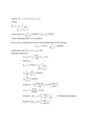 → − ⋅ = ⋅ ⋅ 
B Para C =0 ( ) ' 
: 
1 
1 
A Ag A 
Ag 
A 
Ag Al 
r a K a p 
Donde 
K H 
k a k a 
= 
+ 
⋅ ⋅ 
Ahora, para CB=0, 1 0,0370 270, 27 Ag 
Ag 
K a 
= ⇒ ⋅ = 
⋅ 
K a 
(Valor extrapolado para CB=0, ver gráfico) 
Para CB alto se tendrá que la resistencia será fundamentalmente de la fase gas: 
⋅ = 375 1 = 
0,00267 Ag 
Ag 
K a ó 
K ⋅ 
a 
Luego para CB alto: 375 Ag Ag K ⋅a = k ⋅a = 
Bajo tales condiciones: 
r a dN k a P 
( ) ' 1 
Para C 
− ⋅ =− ⋅ = ⋅ ⋅ 
A Ag A 
B=0 
A 
V d 
270, 27 1 1 
K a H 
375 
1 0,0370 
375 
0,0343 
Como 115 0,115 
0,115 3,353 
0,0343 
: ( ) 1 1 
Ag 
A 
Al 
A 
Al 
A 
Al 
A 
Al 
Ag 
k a 
H 
k a 
H 
k a 
H atm mL atm L 
mol mol 
k a 
Unidades K a mol 
L at 
θ 
θ 
⋅ = = 
+ 
⋅ 
⇒ + = 
⋅ 
⇒ = 
⋅ 
= ⎛ ⋅ ⎞ = ⎛ ⋅ ⎞ ⎜ ⎟ ⎜ ⎟ 
⎝ ⎠ ⎝ ⎠ 
⇒ ⋅ = = 
⋅ = ⎛ ⋅ ⎞ ⋅ ⎜ ⎟ 
⎝ ⎠ 
: dimensión de tiempo 
Ej: =h Ag 
m 
K a mol 
L atm h 
θ 
θ ⇒ ⎡⎣ ⋅ ⎤⎦ = ⎛⎜ ⎞⎟ ⎝ ⋅ ⋅ ⎠ 
 