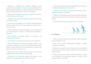TDAH: GUÍA BREVE PARA PROFESORES




           ~~ Entrénele en resolución de problemas: identificar, definir                  ~~ Valore desde el primer momento la posibilidad de que el alumno sea
           comprensivamente, proponer soluciones, elegir una estableciendo un             evaluado psicopedagógica o clínicamente.
           plan para ponerla en práctica y evaluar los resultados reflexionando
                                                                                          ~~ Colabore con los médicos aportándoles la información sobre el
           sobre lo que pudo haberse hecho mejor desde el principio.
                                                                                          alumno en el colegio; es valiosísima.
           ~~ Motívele para hacer planes específicos y realistas, con objetivos
                                                                                          ~~ Colabore con los padres para que el alumno aprenda a organizarse:
           intermedios hasta su consecución.
                                                                                          desde una actitud positiva, con citas regulares y desde unas expectativas
           ~~ Anticípese a las situaciones conflictivas, tratando de evitarlas sin        realistas.
           que el chico se entere.
                                                                                          ~~ Intente que el niño encuentre siempre placer en aprender.
           ~~ Comente con él y hágale ver las conductas inadecuadas pero
           llámele la atención sólo si no hay otro remedio, sin violencia, con un
           tono de voz suave.

           ~~ Evite los castigos, pero si hubiera que llegar a uno, los más adecuados
           son el tiempo fuera o un lugar y un tiempo para desestimularse y
           reflexionar.
                                                                                        »» Los deberes
           ~~ Evite ponerle en evidencia delante de los demás o las
           recriminaciones llamativas.
                                                                                          ~~ Valore el volumen y carácter de las actividades y deberes propuestos
           ~~ Sea expresivo en cambio para reconocerle lo que ha hecho bien.              para ser realizados en casa.

           ~~ Trate de identificar áreas exitosas del alumno aunque no sean               ~~ Estos niños necesitan prioritariamente aprender a estudiar,
           estrictamente académicas y motívele en la realización de las mismas,           concentrarse, organizarse.
           aunque las desarrolle fuera del aula (preguntarle por deportes que
                                                                                          ~~ Repetir las cosas muchas veces no tiene para ellos valor añadido. Si
           practica, por las clases de pintura, etc.).
                                                                                          están cansados, saturados, es tarde, etc, harán las cosas mal aunque las
           ~~ Recuerde que todo se puede entrenar, hay que ser creativo para              sepan hacer bien.
           imaginarse de qué manera hacerlo en cada situación.
                                                                                          ~~ Tenga en cuenta que estos niños necesitan hacer ejercicio y realizar
           ~~ Comunique sus inquietudes respecto del alumno a otros                       otras actividades en las que puedan destacar o al menos ser más
           profesores y a los padres para tratar de buscar soluciones.                    competentes que en los estudios.

                                            12                                                                            13
 