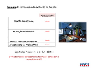 Exemplo de composição da Avaliação do Projeto:
Pontuação AV3
CRIAÇÃO PUBLICITÁRIA 4 pontos
PRODUÇÃO AUDIOVISUAL 5 pontos
PLANEJAMENTO DE CAMPANHA
3 pontos
ATENDIMENTO EM PROPAGANDA 4 pontos
Nota final do Projeto = (4+ 5+ 3+ 4)/4 = 16/4= 4
O Projeto Discente corresponderá até 50% dos pontos para a
composição da AV2.
 