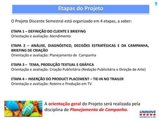 Etapas do Projeto
O Projeto Discente Semestral está organizado em 4 etapas, a saber:
ETAPA 1 – DEFINIÇÃO DO CLIENTE E BRIEFING
Orientação e avaliação: Atendimento
ETAPA 2 – ANÁLISE, DIAGNÓSTICO, DECISÕES ESTRATÉGICAS E DA CAMPANHA,
BRIEFING DE CRIAÇÃO
Orientação e avaliação: Planejamento de Campanha
ETAPA 3 – TEMA, PRODUÇÃO TEXTUAL E GRÁFICA
Orientação e avaliação: Criação Publicitária (Redação Publicitária e Direção de Arte)
ETAPA 4 – INSERÇÃO DO PRODUCT PLACEMENT – TIE-IN NO TRAILER
Orientação e avaliação: Roteiro e Produção em TV
A orientação geral do Projeto será realizada pela
disciplina de Planejamento de Campanha.
9
 