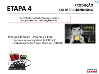 PRODUÇÃO
DO MERCHANDISINGETAPA 4
A orientação e avaliação desses itens cabe à
disciplina ROTEIRO E PRODUÇÃO EM TV
Produção do Trailer – gravação e edição
• Formato: peça promocional de 1’30’’ a 3’
• Inclusão do Tie-In/ Product Placement - TRAILER.
14
 