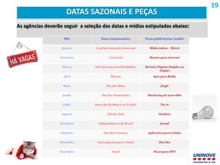DATAS SAZONAIS E PEÇAS
As agências deverão seguir a seleção das datas e mídias estipuladas abaixo:
Mês Data Comemorativa Peças publicitárias (mídia)
Janeiro Confraternização Universal Mídia indoor - Metrô
Fevereiro Carnaval Banner para internet
Março Dia Internacional da Mulher Revista (Página Simples ou
Dupla)
Abril Páscoa Spot para Rádio
Maio Dia das Mães Jingle
Junho Dia dos Namorados Marketing de Guerrilha
Julho Inserção da Marca no Trailer Tie-in
Agosto Dia dos Pais Outdoor
Setembro Independência do Brasil Jornal
Outubro Dia das Crianças Aplicativo para Celular
Novembro Antecipação para o Natal Hot Site
Dezembro Natal Peças para PDV
19
 