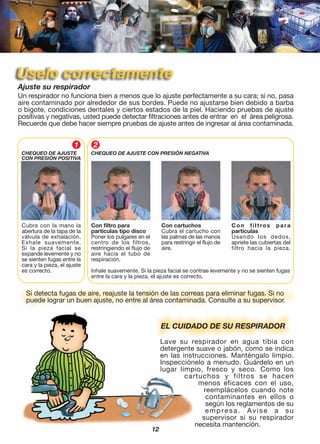 Cubra con la mano la
abertura de la tapa de la
válvula de exhalación.
Exhale suavemente.
Si la pieza facial se
expande levemente y no
se sienten fugas entre la
cara y la pieza, el ajuste
es correcto.
EL CUIDADO DE SU RESPIRADOR
Ajuste su respirador
Un respirador no funciona bien a menos que lo ajuste perfectamente a su cara; si no, pasa
aire contaminado por alrededor de sus bordes. Puede no ajustarse bien debido a barba
o bigote, condiciones dentales y ciertos estados de la piel. Haciendo pruebas de ajuste
positivas y negativas, usted puede detectar filtraciones antes de entrar en el área peligrosa.
Recuerde que debe hacer siempre pruebas de ajuste antes de ingresar al área contaminada.
Lave su respirador en agua tibia con
detergente suave o jabón, como se indica
en las instrucciones. Manténgalo limpio.
Inspecciónelo a menudo. Guárdelo en un
lugar limpio, fresco y seco. Como los
cartuchos y filtros se hacen
menos eficaces con el uso,
reemplácelos cuando note
contaminantes en ellos o
según los reglamentos de su
empresa. Avise a su
supervisor si su respirador
necesita mantención.
Si detecta fugas de aire, reajuste la tensión de las correas para eliminar fugas. Si no
puede lograr un buen ajuste, no entre al área contaminada. Consulte a su supervisor.
Con filtro para
partículas tipo disco
Poner los pulgares en el
centro de los filtros,
restringiendo el flujo de
aire hacia el tubo de
respiración.
Con cartuchos
Cubra el cartucho con
las palmas de las manos
para restringir el flujo de
aire.
Con filtros para
partículas
Usando los dedos,
apriete las cubiertas del
filtro hacia la pieza.
CHEQUEO DE AJUSTE CON PRESIÓN NEGATIVA
Inhale suavemente. Si la pieza facial se contrae levemente y no se sienten fugas
entre la cara y la pieza, el ajuste es correcto.
CHEQUEO DE AJUSTE
CON PRESIÓN POSITIVA
12
 