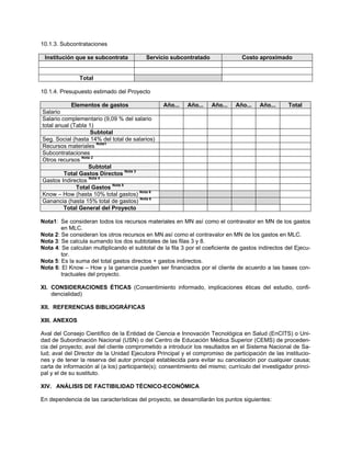 10.1.3. Subcontrataciones 
Institución que se subcontrata 
Servicio subcontratado 
Costo aproximado 
Total 
10.1.4. Presupuesto estimado del Proyecto 
Elementos de gastos 
Año... 
Año... 
Año... 
Año... 
Año... 
Total 
Salario 
Salario complementario (9,09 % del salario total anual (Tabla 1) 
Subtotal 
Seg. Social (hasta 14% del total de salarios) 
Recursos materiales Nota1 
Subcontrataciones 
Otros recursos Nota 2 
Subtotal 
Total Gastos Directos Nota 3 
Gastos Indirectos Nota 4 
Total Gastos Nota 5 
Know – How (hasta 10% total gastos) Nota 6 
Ganancia (hasta 15% total de gastos) Nota 6 
Total General del Proyecto 
Nota1: Se consideran todos los recursos materiales en MN así como el contravalor en MN de los gastos en MLC. 
Nota 2: Se consideran los otros recursos en MN así como el contravalor en MN de los gastos en MLC. 
Nota 3: Se calcula sumando los dos subtotales de las filas 3 y 8. 
Nota 4: Se calculan multiplicando el subtotal de la fila 3 por el coeficiente de gastos indirectos del Ejecu- tor. 
Nota 5: Es la suma del total gastos directos + gastos indirectos. 
Nota 6: El Know – How y la ganancia pueden ser financiados por el cliente de acuerdo a las bases con- tractuales del proyecto. 
XI. CONSIDERACIONES ÉTICAS (Consentimiento informado, implicaciones éticas del estudio, confi- dencialidad) 
XII. REFERENCIAS BIBLIOGRÁFICAS 
XIII. ANEXOS 
Aval del Consejo Científico de la Entidad de Ciencia e Innovación Tecnológica en Salud (EnCITS) o Uni- dad de Subordinación Nacional (USN) o del Centro de Educación Médica Superior (CEMS) de proceden- cia del proyecto; aval del cliente comprometido a introducir los resultados en el Sistema Nacional de Sa- lud; aval del Director de la Unidad Ejecutora Principal y el compromiso de participación de las institucio- nes y de tener la reserva del autor principal establecida para evitar su cancelación por cualquier causa; carta de información al (a los) participante(s); consentimiento del mismo; currículo del investigador princi- pal y el de su sustituto. 
XIV. ANÁLISIS DE FACTIBILIDAD TÉCNICO-ECONÓMICA 
En dependencia de las características del proyecto, se desarrollarán los puntos siguientes:  