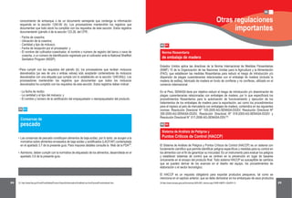 24 25
06
Otras regulaciones
importantes
http://www.senasa.gob.pe/0/modulos/JER/JER_Interna.aspx?ARE=0&PFL=2&JER=13
Estados Unidos aplica las directivas de la Norma Internacional de Medidas Fitosanitarias
(NIMF) 15 de la Organización de las Naciones Unidas para la Agricultura y la Alimentación
(FAO), que establecen las medidas fitosanitarias para reducir el riesgo de introducción y/o
dispersión de plagas cuarentenarias relacionadas con el embalaje de madera (incluida la
madera de estiba), fabricado de madera en bruto de coníferas y no coníferas, utilizado en el
comercio internacional.
En el Perú, SENASA tiene por objetivo reducir el riesgo de introducción y/o diseminación de
plagas cuarentenarias relacionadas con embalajes de madera, por lo que especificará los
procedimientos fitosanitarios para la autorización de funcionamiento y ejecución de los
tratamientos de los embalajes de madera para la exportación, así como los procedimientos
para el ingreso al país de mercadería con embalajes de madera, contenidos en las siguientes
normas: Resolución Directoral N° 105-2005-AG-SENASA-DGSV, Resolución Directoral Nº
350-2005-AG-SENASA-DGSV, Resolución Directoral Nº 518-2005-AG-SENASA-DGSV y
Resolución Directoral N° 017-2006-AG-SENASA-DSV .
Norma fitosanitaria
de embalaje de madera
34
El Sistema de Análisis de Peligros y Puntos Críticos de Control (HACCP) es un sistema con
fundamento científico que permite identificar peligros específicos y medidas para su control en
los alimentos con el fin de garantizar su inocuidad. Es un instrumento para evaluar los peligros
y establecer sistemas de control que se centran en la prevención en lugar de basarse
únicamente en el ensayo del producto final. Todo sistema HACCP es susceptible de cambios
que se pueden derivar de los avances en el diseño del equipo, los procedimientos de
elaboración o el sector tecnológico.
El HACCP es un requisito obligatorio para exportar productos pesqueros, tal como se
menciona en el capítulo anterior, que se debe demostrar en los embarques de esos productos
Sistema de Análisis de Peligros y
Puntos Críticos de Control (HACCP)
06 01
06 02
05 03
Conservas de
pescado
•
•
Las conservas de pescado constituyen alimentos de baja acidez; por lo tanto. se acogen a la
normativa sobre alimentos envasados de baja acidez y acidificados (LACF/AF) contemplada
en el apartado 3.7 de la presente guía. Para mayores detalles consulte la Web de la FDA .
Asimismo, deben cumplir con la normativa de etiquetado de los alimentos, desarrollada en el
apartado 3.6 de la presente guía.
33 http://www.fda.gov/Food/FoodSafety/Product-SpecificInformation/AcidifiedLow-AcidCannedFoods/default.htm
•Para cumplir con los requisitos del párrafo (b), los procesadores que reciben moluscos
desvalvados (ya sea de una o ambas valvas) sólo aceptarán contenedores de moluscos
desvalvados con una etiqueta que cumpla con lo establecido en la sección 1240.60(c). Los
procesadores mantendrán los registros que documentan que todos los moluscos
desvalvados ha cumplido con los requisitos de esta sección. Estos registros deben indicar:
- La fecha de recibo;
- La cantidad y el tipo del molusco; y
- El nombre y número de la certificación del empaquetador o reempaquetador del producto.
conocimiento de embarque o de un documento semejante que contenga la información
requerida en la sección 1240.60 (b). Los procesadores mantendrán los registros que
documentan que todo stock ha cumplido con los requisitos de esta sección. Estos registros
documentarán (párrafo d de la sección 123.28, del CFR.:
-
-
-
-
-
Fecha de cosecha;
Ubicación de la cosecha;
Cantidad y tipo de molusco;
Fecha de recepción por el procesador; y
El nombre del cultivador-cosechador, el nombre o número de registro del barco o nave de
cosecha, o un número de identificación registrado por el cultivador ante la National Shellfish
Sanitation Program (NSSP).
33
34
 