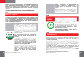 26 27
b) recibir el reconocimiento de que cumple con requisitos
equivalentes a los de las NOS en virtud de un acuerdo de
equivalencia negociado entre Estados Unidos y el gobierno
extranjero.
Para mayores detalles sobre la normativa orgánica nacional
los Estados Unidos y el USDA National Organic Program,
consulte la página Web: www.ams.usda.gov/AMSv1.0/nop.
http://www.fda.gov/Food/FoodIngredientsPackaging/IrradiatedFoodPackaging/default.htm
http://www.ttb.gov/forms/f510024.pdf.
http://www.ttb.gov/forms/f50008.pdf
06 04
Alimentos
irradiados La irradiación es el procedimiento mediante el cual un
alimento se expone a dosis controladas de radiación con la
finalidad de asegurar su inocuidad, eliminar plagas y
patógenos, y aumentar su vida poscosecha.
Las leyes federales de los Estados Unidos exigen que todos
los alimentos irradiados sean etiquetados con el símbolo
internacional de la irradiación, representado por pétalos
verdes dentro de un círculo abierto.
Este símbolo debe acompañarse por las frases "Tratado por
irradiación" o "Tratado con irradiación”.
36
37
38
El importador debe obtener el permiso apropiado emitido por el TTB. Para obtener un
Importer’s Basic Permit (Solicitud de Permiso Básico), debe llenar el formulario TTB F
5100.24, dentro del marco de la Federal Alcohol Administration Act (FAA) .
Si la persona es ciudadano de un país extranjero, además debe llenar el formulario TTB F
5000.9 , Personnel Questionnaire.
•
•
06 05
Bebidas alcohólicas
La venta de licores en EE.UU. está estrictamente reglamentada a nivel federal por la Federal
Alcohol Administration Act (FAA), siendo el Alcohol and Tobacco Tax and Trade Bureau (TTB)
el encargado de implementarla.
Esta ley establece un sistema de triangulación para la venta y distribución, que se conoce
como sistema de distribución de tres canales (the three tier system), en alusión a que el
producto ha de pasar por tres agentes (importador / distribuidor / minorista) para llegar desde
el productor al consumidor final.
Mayor información en:
http://europa.eu/legislation_summaries/food_safety/
general_provisions/f80502_es.htm
Con la finalidad de proteger al consumidor, es obligatorio
que todo exportador que declare su producto como
orgánico esté en la capacidad de poder demostrarlo,
mediante un certificado que emita un organismo certificador
acreditado ante el United States Department of Agriculture
(USDA), según las normas orgánicas nacionales de EE.UU.,
conocidas como NOS. Los productos certificados exhiben el
sello USDA ORGANIC:
Para certificar productos orgánicos que se exportarán a
Estados Unidos, el exportador tiene tres opciones de
certificación:
1. Los organismos de certificación de Estados Unidos que
operan en países extranjeros pueden solicitar la acreditación
del USDA. Los solicitantes extranjeros serán evaluados en
base a los mismos criterios aplicados por los organismos de
certificación interna. En lugar de la acreditación del USDA, un
organismo de certificación extranjero puede:
a) Recibir el reconocimiento cuando el USDA ha determinado,
a solicitud de un gobierno extranjero, que el gobierno del
organismo de certificación extranjero está en condiciones de
evaluar y acreditar que los organismos de certificación
cumplen con los requisitos de las normas orgánicas
nacionales; o
Se consideran orgánicos aquellos alimentos, principalmente frutas y hortalizas, en los cuales
no se utilizan fertilizantes sintéticos ni plaguicidas químicos en ninguna etapa de su producción
agrícola y manejo poscosecha, tanto en la planta como en el suelo donde se cultivan. La
producción orgánica requiere de insumos especiales: abonos, plaguicidas, fertilizantes cuyo
uso esté permitido en la agricultura orgánica.
http://www.digesa.minsa.gob.pe/DHAZ/higiene_alimentaria.asp35
06 03
al momento de su arribo al territorio estadounidense. Para carnes este requisito es exigido por
el FSIS. No se especifica su obligatoriedad para el resto de productos; sin embargo, para la
legislación peruana constituye un requisito obligatorio para todas las empresas que elaboran
alimentos a escala industrial en el Perú; quedan únicamente eximidas las microempresas
alimentarias.
Para mayores detalles consulte con el área de higiene alimentaria de DIGESA .
Alimentos orgánicos
35
36
37
38
 