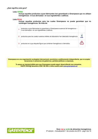¿Qué significa esta guía?

       Lista VERDE
              Incluye aquellos productos cuyos fabricantes han garantizado a Greenpeace que no utilizan
              transgénicos –ni sus derivados– en sus ingredientes o aditivos.

       Lista ROJA
              Incluye aquellos productos para los cuales Greenpeace no puede garantizar que no
              contengan transgénicos. Se trata de:


                  productos cuyos fabricantes no garantizan a Greenpeace ausencia de transgénicos –
              1
                  o sus derivados– en sus ingredientes o aditivos.



              2   productos para los cuales nuestros análisis de laboratorio han detectado transgénicos



              3   productos en cuya etiqueta figura que contienen transgénicos o derivados.




 Greenpeace es una organización ecologista internacional, económica y políticamente independiente, que no acepta
                      donaciones ni presiones de gobiernos, partidos políticos o empresas.

           Tu apoyo es imprescindible para que Greenpeace pueda seguir desarrollando sus campañas.
                 HAZTE SOCI@ llamando al 902 100 505 o visita nuestra web www.greenpeace.es




                                                                     Guía roja y verde de alimentos transgénicos
                                                       5ª edición – Actualización 1 de octubre de 2010 - pág 4 de 16
 