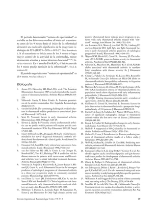 Definición Secuencia plano Áreas anatómicas Puntuación total 
Sinovitis Área del compartimento sinovial 
que muestra hiperseñal tras 
gadolinio 
5BOUFTZEFTQVÏTEF 
contraste 
Axial 
2º-5º MCF, radiocubital 
distal, radiocarpiana, 
intercarpiana 
0 a 3 puntos, tercios del volumen 
máximo estimado de sinovial que 
DBQUBDPOUSBTUF 
Total: 0-21 
Edema óseo Lesión del hueso trabecular mal 
delimitada que muestra hiperseñal 
FO5DPOTVQSFTJØOHSBTB45*3ZP 
hiposeñal en T1 
T2 con supresión grasa 
P45*3 
coronal 
Cabezas de 2º-5º MCF, 
base de 1º falange, los 
8 huesos del carpo, 
base de 1º-5º MCF, 
SBEJPZDÞCJUPEJTUBM 
0-3 puntos 
0: sin edema óseo; 
1: edema que ocupa un 1-33% del 
volumen óseo; 
2: edema que ocupa un 34-66% del 
volumen óseo; 
3:FEFNBRVFPDVQBVOEFM 
WPMVNFOØTFP 
Total: 0-69 
Erosión Lesión bien delimitada de 
localización yuxtaarticular que 
NVFTUSBVOBQÏSEJEBEFMB 
hiposeñal normal de la cortical y de 
la hiperseñal del hueso trabecular 
en T1 visible en 2 planos con 
interrupción de la cortical visible en 
al menos 1 plano 
T1 
Axial y coronal 
Cabezas de 2º-5º MCF, 
base de 1º falange, los 
8 huesos del carpo, 
base de 1º-5º MCF, 
radio y cúbito distal 
0-10 puntos 
	QPSDFOUBKFEFWPMVNFORVFPDVQBMB 
FSPTJØOFOFMIVFTP
 
0: sin erosión; 
1: erosión que ocupa el 1-10% del 
hueso; 
2: erosión que ocupa el 11-20% del 
IVFTP 
Total: 0-230 
Definición, secuencias básicas, planos, áreas anatómicas y puntuación del sistema RAMRIS. 
doppler120-124. La técnica doppler añade a la escala de grises 
la detección de la vascularización de los tejidos125. 
En diferentes estudios, la ecografía mostró una mayor 
sensibilidad para identificar progresión de erosiones que la 
radiología simple en articulaciones de muñecas, MCF, IFP 
de manos y MTF120,121. Nivel de evidencia II 
La sinovitis detectada por US tiene buena correlación 
con DAS28 (r: 0.69), es sensible y reproducible125,126. Nivel 
de evidencia III 
El ultrasonido doppler es un método sensible para 
evaluar la actividad inflamatoria articular en AR en forma 
complementaria a la evaluación clínica127,128, es reproduci-ble, 
correlaciona con actividad inflamatoria clínica (r: 0.56, 
con recuento articular) y de laboratorio (r: 0.6, con PCR) y 
permite detectar cambios luego del tratamiento128,129. 
De todas maneras, el US es operador dependiente y el 
método de medición no está aún estandarizado. 
En resumen, la ecografía para la evaluación de la AR 
tiene diversas aplicaciones: detección de sinovitis subclí-nica, 
valoración de afección de articulaciones profundas 
(hombros, caderas, tobillos y codos) que pueden ser sub-estimadas 
por la semiología, detección de daño estructural 
precoz (erosiones óseas y lesiones tendinosas), diagnóstico 
diferencial de patrones inflamatorios como artritis, tenosi-novitis 
y bursitis, difíciles de distinguir clínicamente que 
pueden condicionar el tratamiento local y como comple-mento 
de la aspiración-infiltración. 
Si bien, ambas técnicas (US y MRI) prometen una utili-dad 
superior a la radiografía en el futuro, aún se encuentran 
en etapa de desarrollo metodológico en pacientes con AR. 
Por esta razón, no se recomienda el uso sistemático en es-tos 
pacientes. Sin embargo, el reumatólogo puede evaluar 
si es conveniente su indicación en algún caso individual de 
difícil diagnóstico o bien para determinar adecuadamente 
la persistencia de la actividad de la enfermedad. 
Evaluación de respuesta al tratamiento 
Los pacientes pueden clasificarse en: buenos respondedo-res, 
moderados respondedores y no respondedores (crite-rios 
de respuesta del European League Against Rheuma- 
3FWJTUBSHFOUJOBEF3FVNBUPMPHÎBrÒPr/ 25 
 