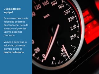 ¿Velocidad del
equipo?
En este momento esta
velocidad podemos
desconocerla. Pero de
acuerdo a siguientes
Sprints podemos
conocerla.
Vamos a decir que la
velocidad para este
ejemplo es de 11
puntos de historia.
 