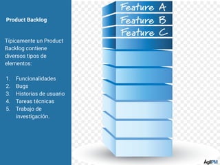 Product Backlog
Típicamente un Product
Backlog contiene
diversos tipos de
elementos:
1. Funcionalidades
2. Bugs
3. Historias de usuario
4. Tareas técnicas
5. Trabajo de
investigación.
 