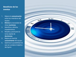Beneﬁcios de los
eventos
1. Mejora la comunicación
entre los miembros del
equipo.
2. Elimina la necesidad de
otras reuniones.
3. Identiﬁca y elimina
impedimentos.
4. Resalta y promueve la
toma rápida de
decisiones.
5. Mejora el nivel de
conocimiento del equipo.
6. Optimiza la posibilidad de
que se cumpla el objetivo
del Sprint.
 