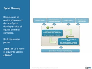 Sprint Planning
Reunión que se
realiza al comienzo
de cada Sprint
donde participa el
equipo Scrum al
completo.
Se divide en dos
partes.
¿Qué? se va a hacer
el siguiente Sprint y
¿Cómo?
Fuente:https://jeronimopalacios.com/scrum/
 