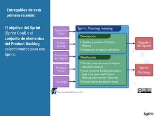 Entregables de esta
primera reunión:
El objetivo del Sprint
(Sprint Goal) y el
conjunto de elementos
del Product Backlog
seleccionados para ese
Sprint.
 