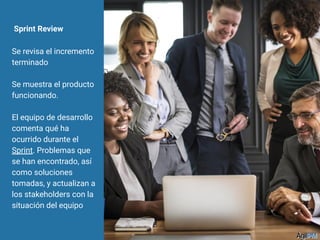 Sprint Review
Se revisa el incremento
terminado
Se muestra el producto
funcionando.
El equipo de desarrollo
comenta qué ha
ocurrido durante el
Sprint. Problemas que
se han encontrado, así
como soluciones
tomadas, y actualizan a
los stakeholders con la
situación del equipo
 