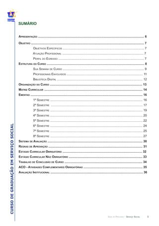 3
CURSODEGRADUAÇÃOEMSERVIÇOSOCIAL
GUIA DE PERCURSO - SERVIÇO SOCIAL
APRESENTAÇÃO ............................................................................................................................ 6
OBJETIVO .................................................................................................................................... 7
OBJETIVOS ESPECÍFICOS ............................................................................................... 7
ATUAÇÃO PROFISSIONAL ............................................................................................... 7
PERFIL DO EGRESSO .................................................................................................... 7
ESTRUTURA DO CURSO .................................................................................................................. 8
SUA SEMANA DE CURSO ............................................................................................... 9
PROFISSIONAIS ENVOLVIDOS ......................................................................................... 11
BIBLIOTECA DIGITAL .................................................................................................... 12
ORGANIZAÇÃO DO CURSO ............................................................................................................ 13
MATRIZ CURRICULAR ................................................................................................................... 14
EMENTAS ................................................................................................................................... 16
1º SEMESTRE ............................................................................................................ 16
2º SEMESTRE ........................................................................................................... 17
3º SEMESTRE ............................................................................................................ 19
4º SEMESTRE ............................................................................................................ 20
5º SEMESTRE ............................................................................................................ 22
6º SEMESTRE ............................................................................................................ 24
7º SEMESTRE ............................................................................................................ 25
8º SEMESTRE ............................................................................................................ 27
SISTEMA DE AVALIAÇÃO ............................................................................................................... 30
REGRAS DE APROVAÇÃO .............................................................................................................. 31
ESTÁGIO CURRICULAR OBRIGATÓRIO ............................................................................................. 32
ESTÁGIO CURRICULAR NÃO OBRIGATÓRIO ...................................................................................... 33
TRABALHO DE CONCLUSÃO DE CURSO ........................................................................................... 34
ACO - ATIVIDADES COMPLEMENTARES OBRIGATÓRIAS ..................................................................... 35
AVALIAÇÃO INSTITUCIONAL ............................................................................................................ 36
SUMÁRIO
 