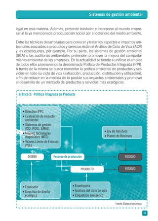 legal en esta materia. Además, pretende trasladar e incorporar al mundo empre-
sarial la ya mencionada preocupación social por el deterioro del medio ambiente.
Entre las técnicas desarrolladas para conocer y tratar los aspectos e impactos am-
bientales asociados a productos y servicios están el Análisis de Ciclo de Vida (ACV)
y las ecoetiquetas, por ejemplo. Por su parte, los sistemas de gestión ambiental
(SGA) o las auditorías ambientales pretenden promover la mejora del comporta-
miento ambiental de las empresas. En la actualidad se tiende a unificar el empleo
de todos ellos promoviendo la denominada Política de Productos Integrada (PPI).
A través de la misma se busca reorientar la política ambiental de productos y ser-
vicios en todo su ciclo de vida (extracción, producción, distribución y utilización),
a fin de reducir en la medida de lo posible sus impactos ambientales y promover
el desarrollo de un mercado de productos y servicios más ecológicos.
11
Sistemas de gestión ambiental
Fuente: Elaboración propia.
Gráfico 2: Política Integrada de Producto
• Directiva IPPC
• Evaluación de impacto
ambiental
• Sistemas de gestión
(ISO 14001, EMAS)
• Mejores tecnologías
disponibles (MTD)
• Valores Límite de Emisión
(VLE)
• Ley de Residuos
• Planes de Residuos
• Ecodiseño
• Directiva de diseño
ecológico
• Ecoetiqueta
• Análisis del ciclo de vida
• Etiquetado energético
DISEÑO RESIDUO
RESIDUO
Proceso de producción
PRODUCTO
 