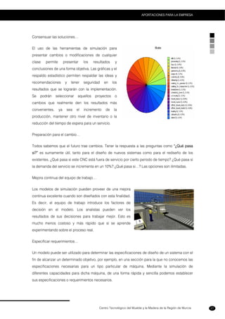 Centro Tecnológico del Mueble y la Madera de la Región de Murcia
APORTACIONES PARA LA EMPRESA
27
Consensuar las soluciones…
El uso de las herramientas de simulación para
presentar cambios o modificaciones de cualquier
clase permite presentar los resultados y
conclusiones de una forma objetiva. Las gráficas y el
respaldo estadístico permiten respaldar las ideas y
recomendaciones y tener seguridad en los
resultados que se lograrán con la implementación.
Se podrán seleccionar aquellos proyectos o
cambios que realmente den los resultados más
convenientes, ya sea el incremento de la
producción, mantener otro nivel de inventario o la
reducción del tiempo de espera para un servicio.
Preparación para el cambio…
Todos sabemos que el futuro trae cambios. Tener la respuesta a las preguntas como “¿Qué pasa
si?” es sumamente útil, tanto para el diseño de nuevos sistemas como para el rediseño de los
existentes. ¿Qué pasa si este CNC está fuera de servicio por cierto periodo de tiempo? ¿Qué pasa si
la demanda del servicio se incrementa en un 10%? ¿Qué pasa si…? Las opciones son ilimitadas.
Mejora continua del equipo de trabajo…
Los modelos de simulación pueden proveer de una mejora
continua excelente cuando son diseñados con esta finalidad.
Es decir, el equipo de trabajo introduce los factores de
decisión en el modelo. Los analistas pueden ver los
resultados de sus decisiones para trabajar mejor. Esto es
mucho menos costoso y más rápido que si se aprende
experimentando sobre el proceso real.
Especificar requerimientos…
Un modelo puede ser utilizado para determinar las especificaciones de diseño de un sistema con el
fin de alcanzar un determinado objetivo, por ejemplo, en una sección para la que no conocemos las
especificaciones necesarias para un tipo particular de máquina. Mediante la simulación de
diferentes capacidades para dicha máquina, de una forma rápida y sencilla podemos establecer
sus especificaciones o requerimientos necesarios.
 