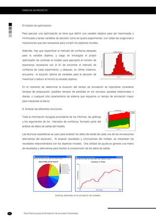 Guía Práctica para la Simulación de procesos Industriales
FASES DE UN PROYECTO
40
El módulo de optimización
Para ejecutar una optimización se tiene que definir una variable objetivo para ser maximizada o
minimizada y tantas variables de decisión como se quiera experimentar, con todas las exigencias e
imposiciones que sea necesarias para cumplir los objetivos iniciales.
Además, hay que especificar el intervalo de confianza deseado
para la variable objetiva, y luego se encargará el propio
optimizador de controlar el modelo para ejecutarlo el número de
escenarios necesarios con el fin de encontrar el intervalo de
confianza de cada experimento; y después, en última instancia,
encuentra la solución óptima de variables para la decisión de
maximizar o reducir al mínimo la variable objetiva.
En el momento de determinar la duración del tiempo de simulación es importante considerar
tiempos de preparación, posibles tiempos de pérdidas en los recursos, paradas estacionales o
diarias, o cualquier otra característica de sistema que requeriría un tiempo de simulación mayor
para interpretar el efecto.
9. Analizar las diferentes soluciones.
Toda la información recogida procedente de los informes, las gráficas
y los argumentos de los intervalos de confianza, formarán parte del
análisis de datos de salida del modelo.
Las técnicas estadísticas se usan para analizar los datos de salida de cada una de las simulaciones
alternativas del escenario. Al analizar resultados y conclusiones del modelo, se interpretan los
resultados relacionándolos con los objetivos iniciales. Una utilidad de ayuda es generar una matriz
de resultados y alternativas para facilitar la comprensión de los datos de salida.
Graficas obtenidas en la simulación de modelos.
 