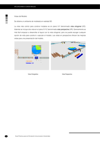 Guía Práctica para la Simulación de procesos Industriales
APLICACIONES A CASOS REALES
58
Vistas del Modelo
Se obtiene un ambiente de modelado en realidad 3D.
La vista más común para construir modelos es en plano X-Y denominado vista ortogonal (VO).
Además se incluye otra vista en el plano X-Y-Z denominada vista perspectiva (VR). Generalmente es
más fácil empezar a desarrollar el layout con la vista ortogonal, pero se puede escoger cualquier
opción de vista para construir o ejecutar el modelo. Las vistas en perspectiva ofrecen las mejores
vistas para una presentación del modelo.
Vista Ortografica Vista Pespectiva
 
