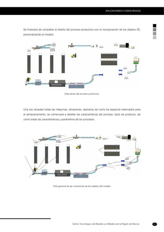 Centro Tecnológico del Mueble y la Madera de la Región de Murcia
APLICACIONES A CASOS REALES
61
Se finalizará de completar el diseño del proceso productivo con la incorporación de los objetos 3D,
personalizando el modelo.
Vista aérea del proceso productivo.
Una vez situadas todas las máquinas, almacenes, operarios así como los espacios reservados para
el almacenamiento, se comenzará a detallar las características del proceso, tipos de producto, así
como todas las características y parámetros de los procesos.
Vista general de las conexiones de los objetos del modelo.
 
