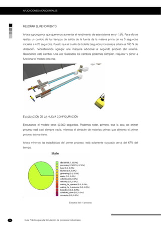 Guía Práctica para la Simulación de procesos Industriales
APLICACIONES A CASOS REALES
74
MEJORAR EL RENDIMIENTO
Ahora supongamos que queremos aumentar el rendimiento de este sistema en un 15%. Para ello se
realiza un cambio de los tiempos de salida de la fuente de la materia prima de los 5 segundos
iniciales a 4.25 segundos. Puesto que el cuello de botella (segundo proceso) ya estaba al 100 % de
utilización, necesitaremos agregar una máquina adicional al segundo proceso del sistema.
Realicemos este cambio. Una vez realizados los cambios podemos compilar, reajustar y poner a
funcionar el modelo otra vez.
EVALUACIÓN DE LA NUEVA CONFIGURACIÓN
Ejecutamos el modelo otros 50.000 segundos. Podemos notar, primero, que la cola del primer
proceso está casi siempre vacía, mientras el almacén de materias primas que alimenta el primer
proceso se mantiene.
Ahora miremos las estadísticas del primer proceso: está solamente ocupado cerca del 67% del
tiempo.
Estados del 1º proceso
 